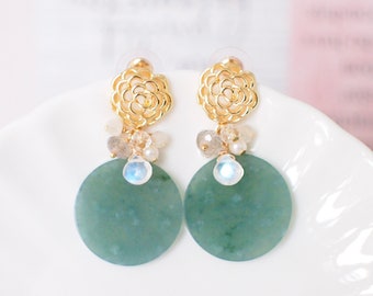 Type A Jadeite Slab Statement Earrings // Snow Pattern // Gem Cluster // 14K Gold-filled // One of a kind & Romantic