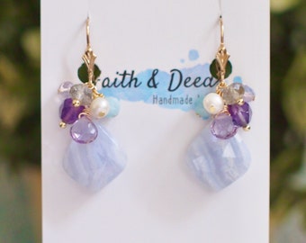 Blue Lace Agate Earrings // Gem Cluster // Elegant & Sweet // 14K Gold-filled