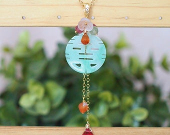 Type A Carved 囍 Jadeite Pendant // Long Statement Necklace // Bold & Gorgeous // 14K Gold-filled