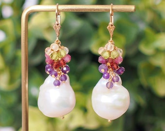 Baroque Pearl Earrings // Flameball Pearls// Colourful Gems Cluster // Elaborated // 14K Gold-filled // Elegant & Gorgeous