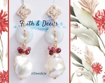 White Baroque Pearl x Jade Donut Earrings // Flameball Pearls // Garnet & Tourmaline Cluster // Stunning and Elaborated