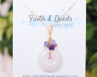 Type A Burmese White Jade Donut Pendant // Purple Gem Cluster // 14K Gold-filled // Elegant & Feminine