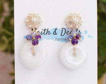 Type A Burmese White Jade Donut Earrings // Purple Gem Cluster // 14K Gold-filled // Modern & Classy