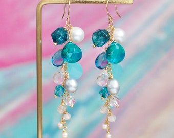 Multi Stones Dangle Earrings // Blue Theme // Dangling Style // Gems Cluster // Sparkly & Precious // 14K Gold-filled