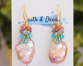 Rainbow Baroque Pearl Earrings // Gems Cluster // Flameball Pearls // Unicorn Colour // 14K Gold-filled // Colourful and Fun