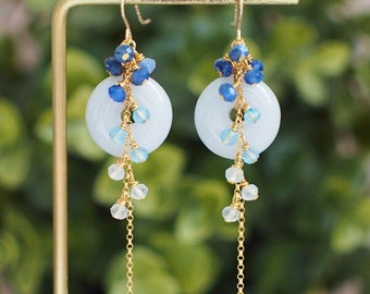 Type A Burmese White Jade Donut Earrings // Long Cascading Gems  // Blue Ombre // 14K Gold-filled // Unconventional & Stylish