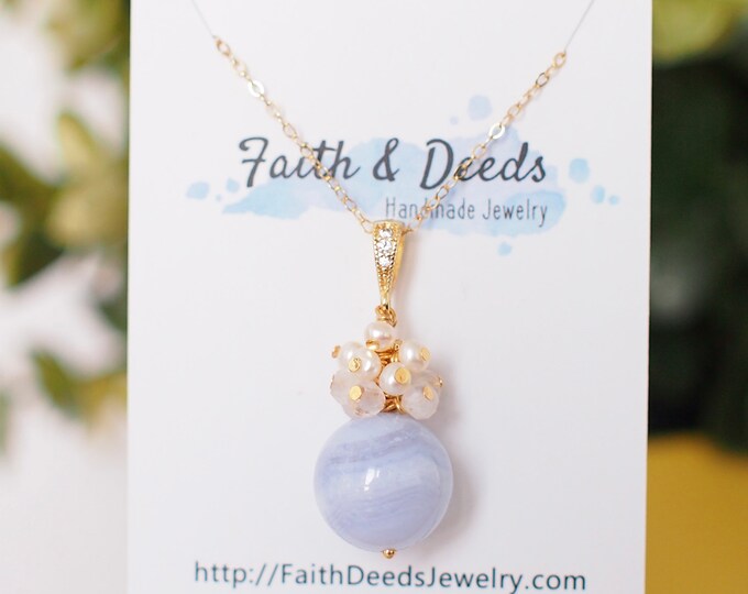 Featured listing image: Blue Lace Agate Pendant // Gem Pendant // Moonstones x Pearls Cluster // 14K Gold-filled // Sweet and Graceful