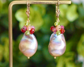 Rainbow Baroque Pearl Earrings // Gems Cluster // Flameball Pearls // 14K Gold-filled