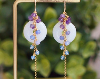 Type A Burmese White Jade Donut Earrings // Long Cascading Gems  // Purple Ombre // 14K Gold-filled // Unconventional & Elegant