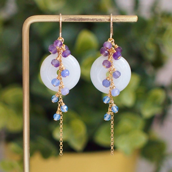 Type A Burmese White Jade Donut Earrings // Long Cascading Gems  // Purple Ombre // 14K Gold-filled // Unconventional & Elegant