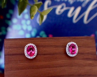 Pink Topaz Earrings // Halo Setting // Cubic Zirconia // 18K White Gold Plated Over Silver