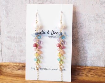 Rainbow Gems x Pearls Dangling Earrings // Sparkly & Precious // 14K Gold-filled // Feminine and Unique