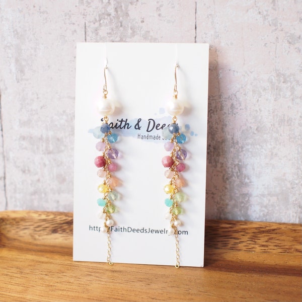 Rainbow Gems x Pearls Dangling Earrings // Sparkly & Precious // 14K Gold-filled // Feminine and Unique