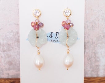 Type A Burmese Carved Jade Flower Earrings // Fresh Water Pearls // 14K Gold-filled // Sweet & Graceful