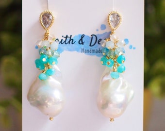 White Baroque Pearl Earrings // Flameball Pearls // Blue Gem Cluster // Ocean Theme // 14K Gold-filled // Sparkly & Stunning