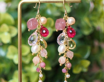 Multi Stones Dangle Earrings // Dangling Style // Gems Cluster // Sparkly & Precious // 14K Gold-filled