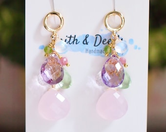 Multi Stones Dangle Earrings // Pink Quartz // Lovely & Feminine // 14K Gold-filled