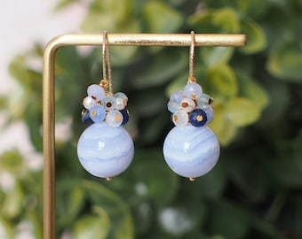 Blue Lace Agate Earrings // Blue Stones x Pearls Cluster// 14K Gold-filled // Lovely & Feminine