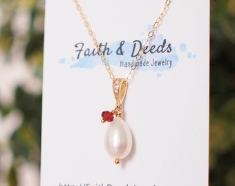 Teardrop Fresh Water Pearl Pendant // Garnet Dangle // 14K Gold-filled // Simple & Elegant