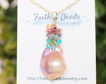 Rainbow Baroque Pearl Pendant // Flameball Pearl // Statement Necklace // Unicorn Colour // 14K Gold-filled