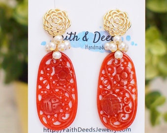 Type B Red Carved Jadeite Statement Earrings // 福 Carving // Simple Pearl Cluster // 14K Gold-filled // Classy & Timeless
