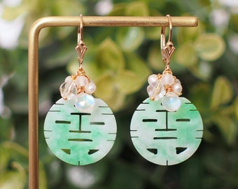 Type A Carved 囍 Jadeite Statement Earrings // Gem Cluster // 14K Gold-filled // Graceful & Elegant