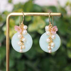 Type A Burmese Jade Donut Earrings // Pearl Cluster // Mother of Pearl Flower // 14K Gold-filled // Romantic & Graceful