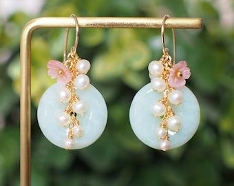 Type A Burmese Jade Donut Earrings // Pearl Cluster // Mother of Pearl Flower // 14K Gold-filled // Romantic & Graceful