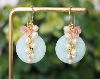 Type A Burmese Jade Donut Earrings // Pearl Cluster // Mother of Pearl Flower // 14K Gold-filled // Romantic & Graceful