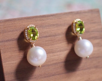 Peridot Earrings // Halo Setting // Cubic Zirconia // 18K Yellow Gold Plated Over Silver