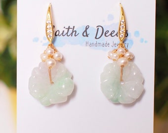 Type A Burmese Carved Jade Flower Earrings // Pearl Cluster // 14K Gold-filled // Lovely & Timeless