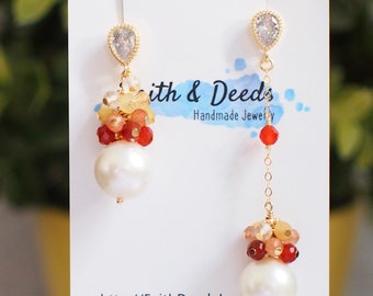 Fresh Water Pearl Earrings // Gem Cluster // Orange Agate // 14K Gold-filled // Asymmetrical // Ombré Style