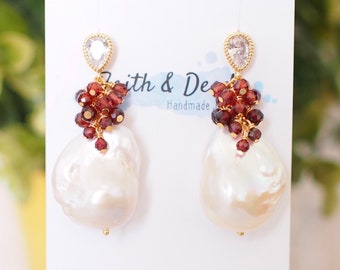 Baroque Pearl Earrings // Flameball Pearls // Garnet Cluster // 14K Gold-filled // Regal & Feminine