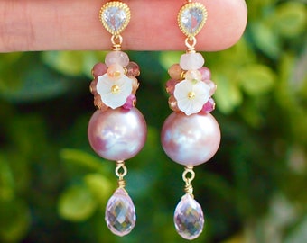 Purple Edison Pearl x Pink Quartz Earrings // Gem Cluster // 14K Gold-filled // Sweet & Unique