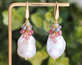 Baroque Pearl Earrings // Statement Earrings // Gems Cluster // Pink Tourmaline x Labradorite // 14K Gold-filled