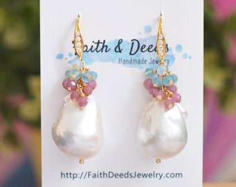 Baroque Pearl Earrings // Statement Earrings // Gems Cluster // Pink Tourmaline x Aquamarine // 14K Gold-filled