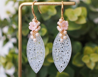 Type A White Carved Jadeite Statement Earrings // Pearl Cluster // 14K Gold-filled // Graceful & Sweet