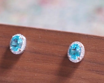 Blue Topaz Earrings // Halo Setting // Cubic Zirconia // 18K White Gold Plated Over Silver