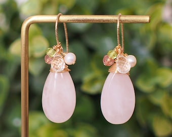 Rose Quartz Earrings // Statement Earrings // 14K Gold-filled // Wire-wrapped // Elegant & Gorgeous