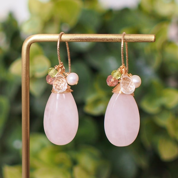 Rose Quartz Earrings // Statement Earrings // 14K Gold-filled // Wire-wrapped // Elegant & Gorgeous