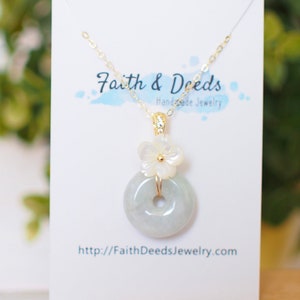 Type A Burmese Jade Donut Pendant // Mother-of-Pearl Flower // 14K Gold-filled // Simple & Graceful