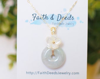 Type A Burmese Jade Donut Pendant // Mother-of-Pearl Flower // 14K Gold-filled // Simple & Graceful