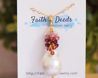 Baroque Pearl x Gem Cluster Pendant // Flameball Pearl // Long Statement Necklace // Garnet x Pink Tourmaline x Amethyst // 14K Gold-filled