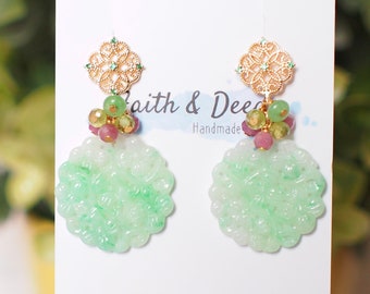 Type A Carved Jadeite Statement Earrings // Gem Cluster // 14K Gold-filled // Feminine & Elegant