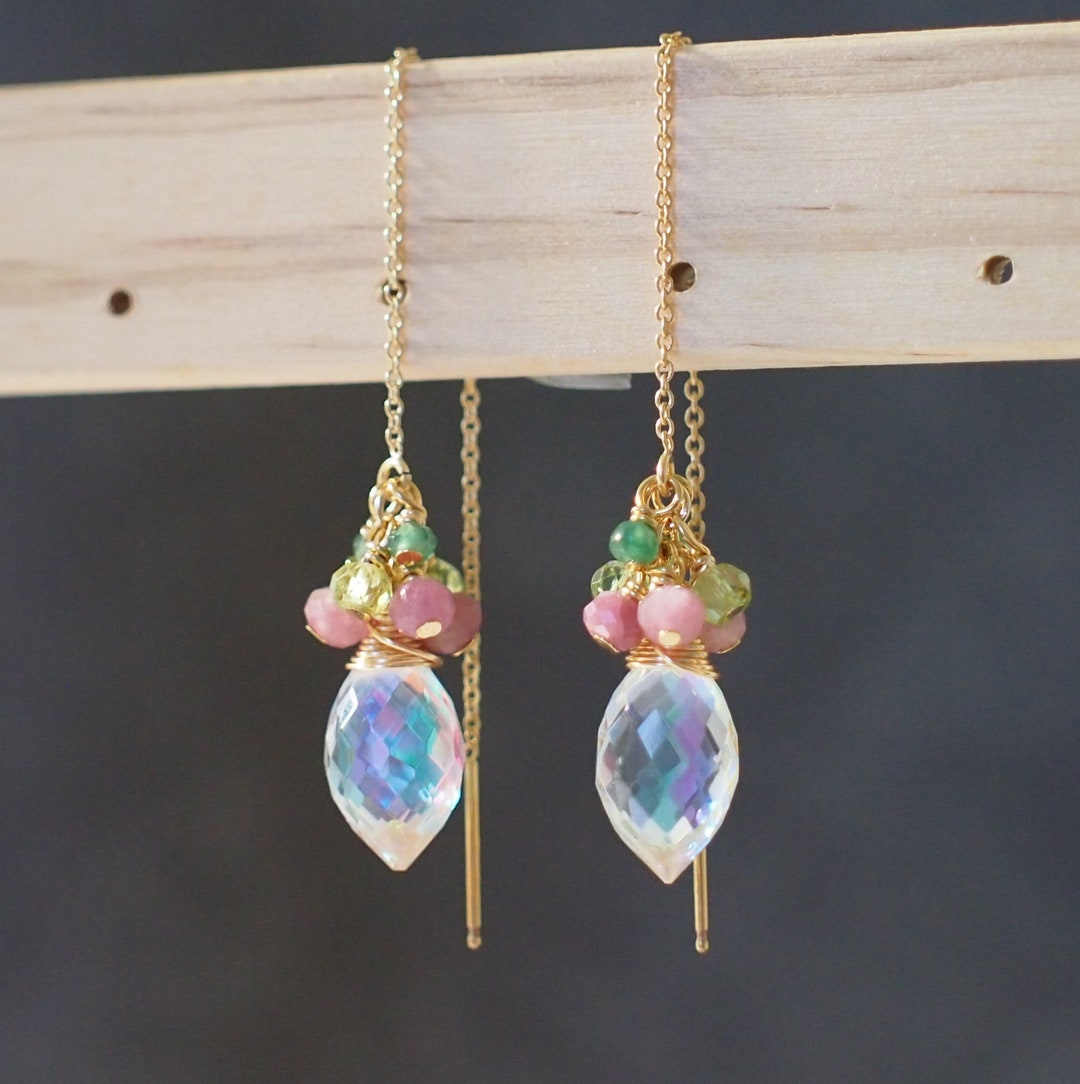 Rainbow Quartz Threader Earrings // Gem Cluster // Pink Etsy