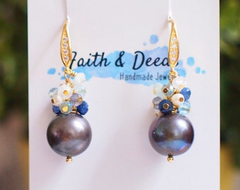 Tahitian Pearl Earrings // Natural Dark Green // Blue Stones x Pearls Cluster// 14K Gold-filled // Sweet and Elegant
