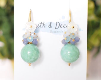 Type A Burmese Jade Ball Earrings // Gem Cluster // Mother of Pearl Flower // 14K Gold-filled // Dreamy & Romantic