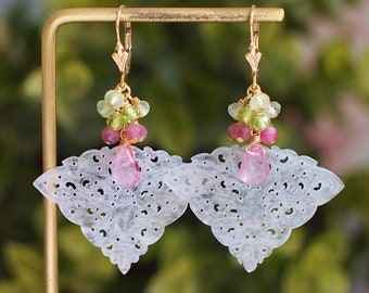 Type A Carved White Butterfly Jadeite Statement Earrings // Gem Cluster // Floral Theme // 14K Gold-filled // Pretty & Sweet