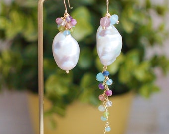 Baroque Pearl x Rainbow Gems Earrings // Asymmetrical Statement Earrings // Gems Cluster // 14K Gold-filled// One of a kind