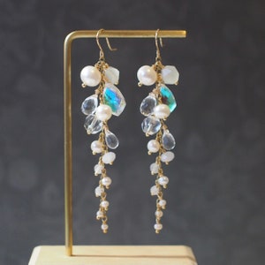 Multi Stones Dangle Earrings // White Theme // Dangling Style // Gems Cluster // Sparkly & Graceful // 14K Gold-filled // Bridal